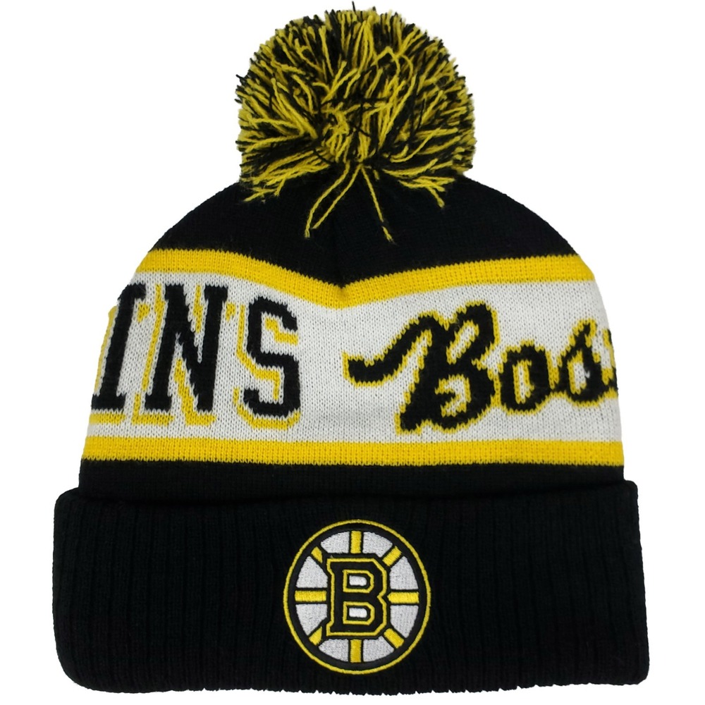 Boston Bruins Mitchell & Ness NHL Cuff Knit Beanie Pom Hat Cap Black White NWT